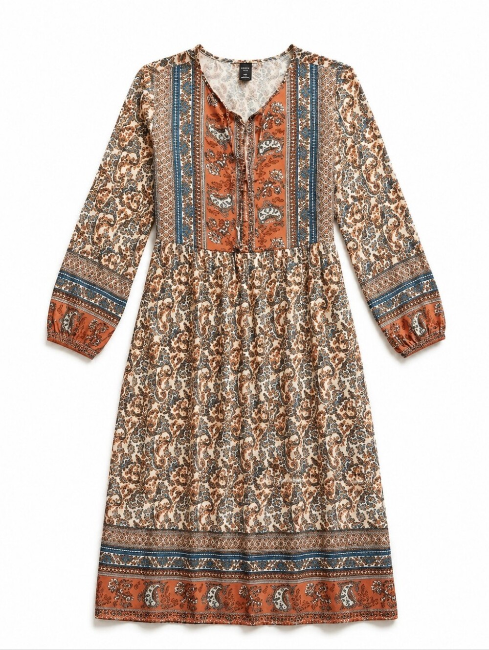 Boho Long-Sleeve Midi Dress in Rust and Cream Floral - Picture 8 of 8
